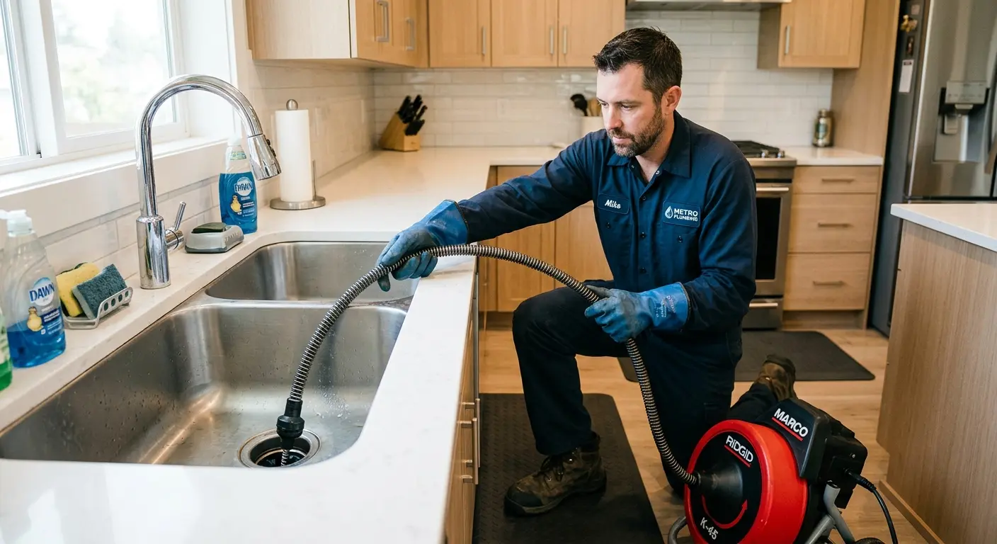 Drain cleaning technician using a motorized snake on a kitchen sink in Lewistown