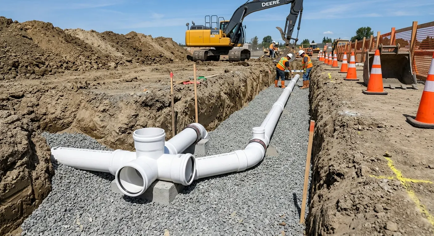 New PVC sewer pipe installation in open trench for Grease Trap Cleaning in Lewistown
