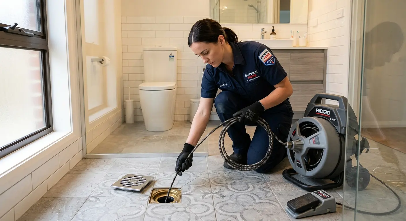 Technician clearing a bathroom floor drain for Sewer Line Replacement in Lewistown
